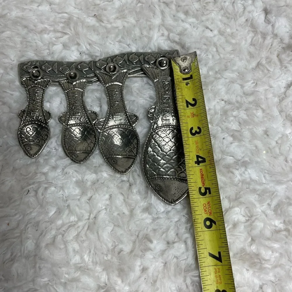 Vintage Tin Woodsman TWpewter set of four Fish measuring spoons with wall hanger
